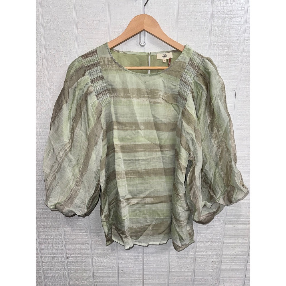 Entro Blouse Women Green Watercolor Stripe Balloon Sleeve Smocked S NEW